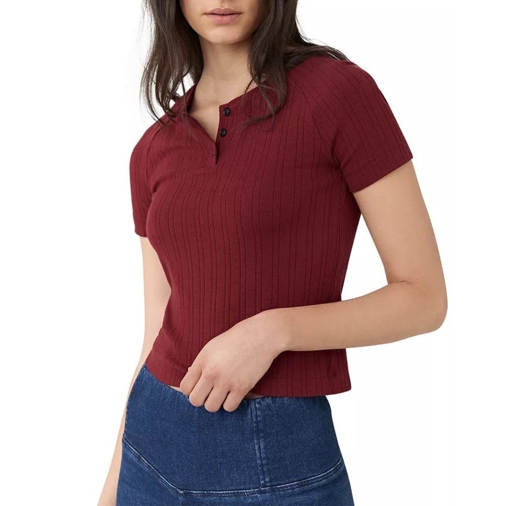 3x1 Ribbed Knit Short Sleeve Henley Button Baby Tee Shirt Top Burgundy Red - L